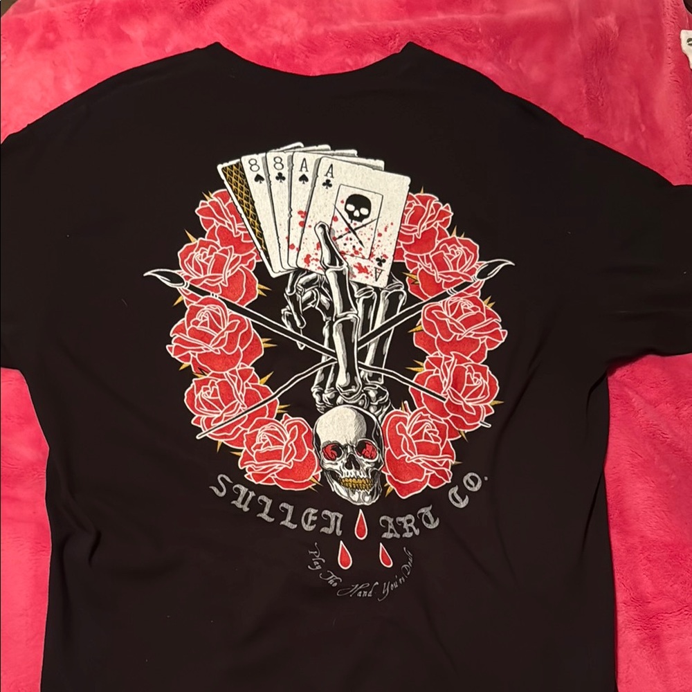 Black and Red Short Sleeve Tee with Gothic Graphics